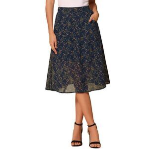 Floral Print A-Line Midi Chiffon Skirt Navy Blue